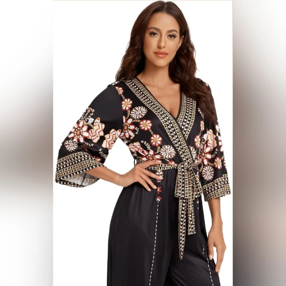 Floral Print Black Wrap Jumpsuit with Belt
